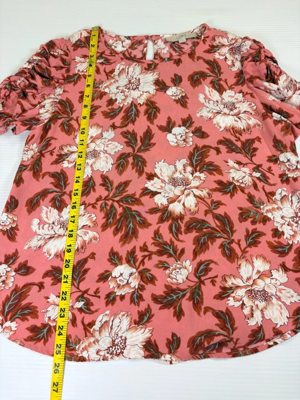LOFT Floral Blouse Medium Pink Puff Sleeve Boho Cottagecore Top